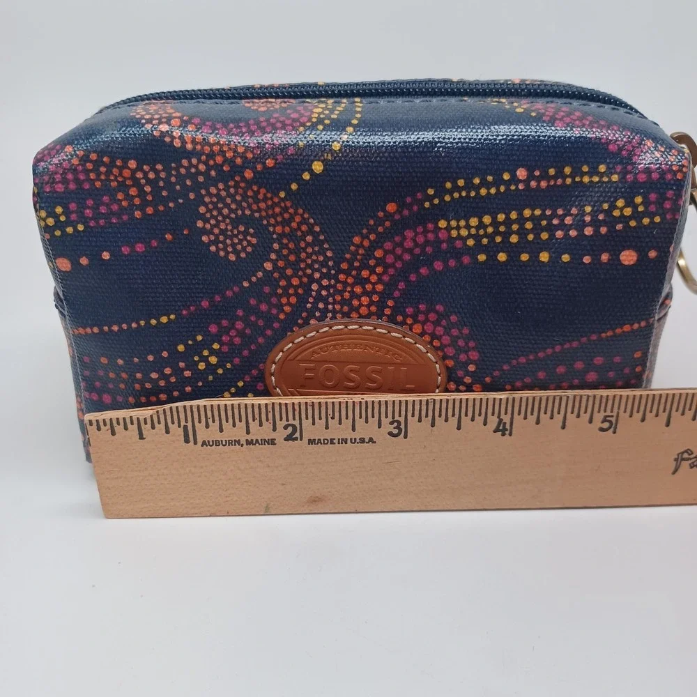 Fossil Blue Dot Swirl Coated Canvas Small Makeup Pouch Coin Bag Brass Ring Pull